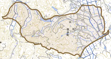 笹谷町とその周辺の地図。町の範囲を重ねている