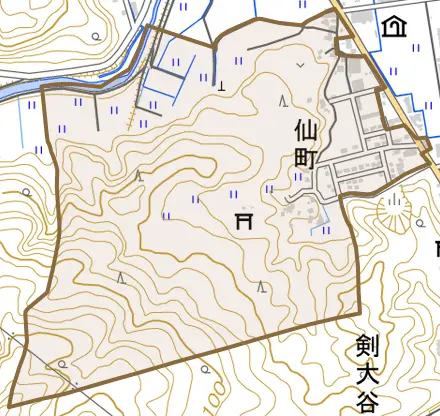 仙町とその周辺の地図。町の範囲を重ねている