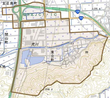 重立町とその周辺の地図。町の範囲を重ねている