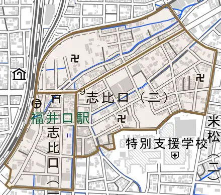 志比口とその周辺の地図。町の範囲を重ねている