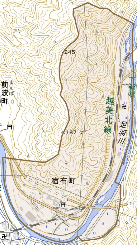宿布町とその周辺の地図。町の範囲を重ねている