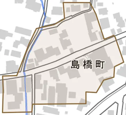島橋町とその周辺の地図。町の範囲を重ねている