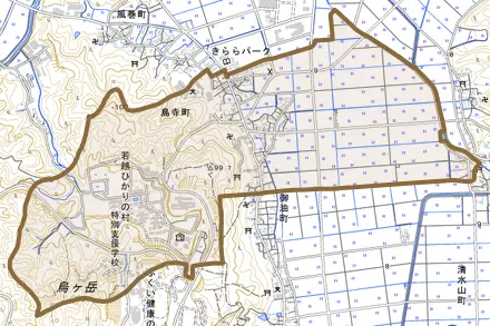 島寺町とその周辺の地図。町の範囲を重ねている
