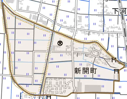 新開町とその周辺の地図。町の範囲を重ねている