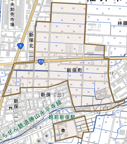 新保町とその周辺の地図。町の範囲を重ねている