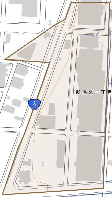 新保北とその周辺の地図。町の範囲を重ねている