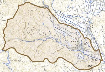 清水畑町とその周辺の地図。町の範囲を重ねている