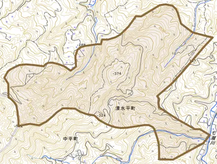 清水平町とその周辺の地図。町の範囲を重ねている