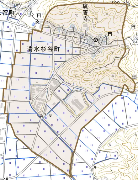 清水杉谷町とその周辺の地図。町の範囲を重ねている