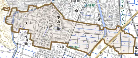 下荒井町とその周辺の地図。町の範囲を重ねている