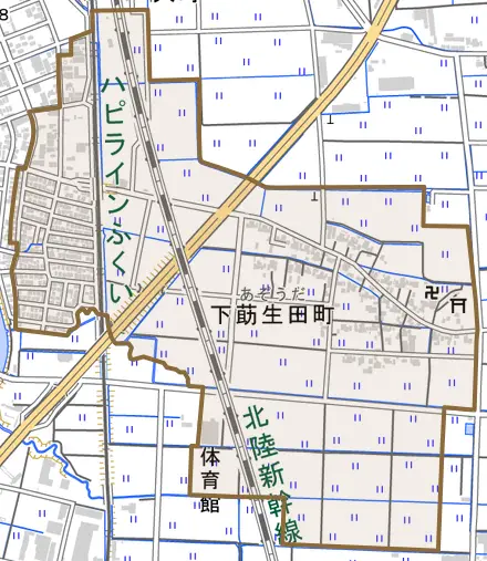 下莇生田町とその周辺の地図。町の範囲を重ねている