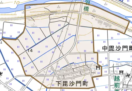 下毘沙門町とその周辺の地図。町の範囲を重ねている
