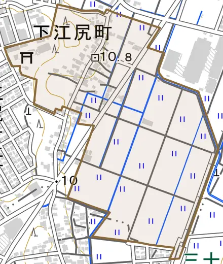 下江尻町とその周辺の地図。町の範囲を重ねている