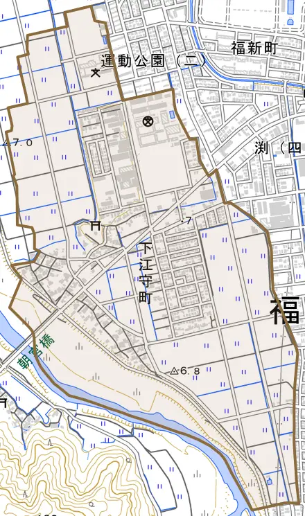 下江守町とその周辺の地図。町の範囲を重ねている