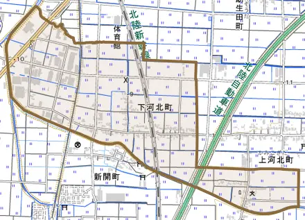 下河北町とその周辺の地図。町の範囲を重ねている