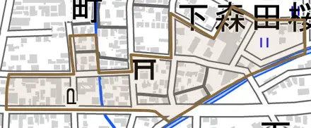 下森田藤巻町とその周辺の地図。町の範囲を重ねている