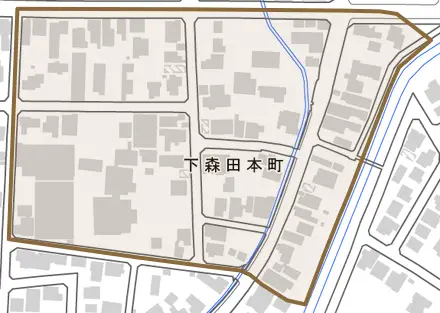 下森田本町とその周辺の地図。町の範囲を重ねている