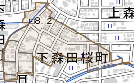 下森田桜町とその周辺の地図。町の範囲を重ねている