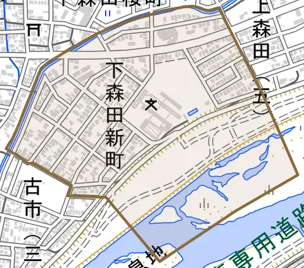 下森田新町とその周辺の地図。町の範囲を重ねている