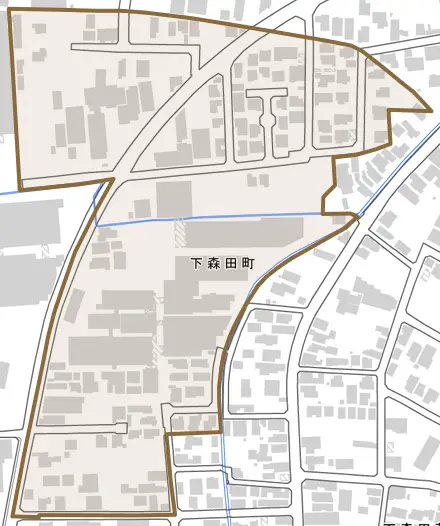 下森田町とその周辺の地図。町の範囲を重ねている