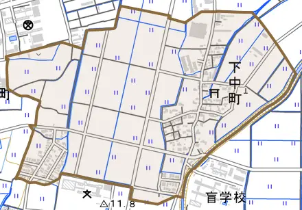 下中町とその周辺の地図。町の範囲を重ねている