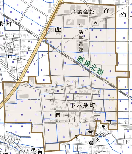 下六条町とその周辺の地図。町の範囲を重ねている