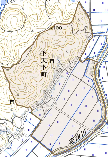 下天下町とその周辺の地図。町の範囲を重ねている