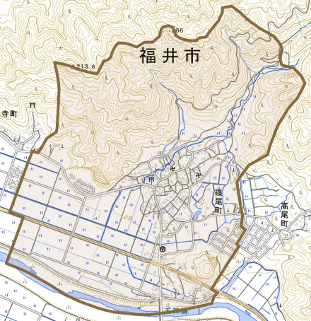 篠尾町とその周辺の地図。町の範囲を重ねている