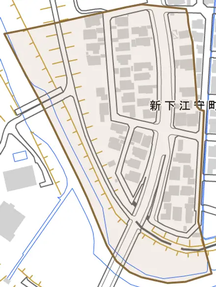 新下江守町とその周辺の地図。町の範囲を重ねている