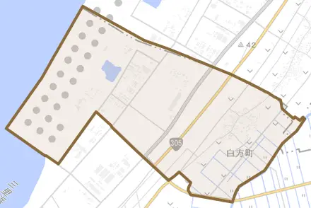 白方町とその周辺の地図。町の範囲を重ねている