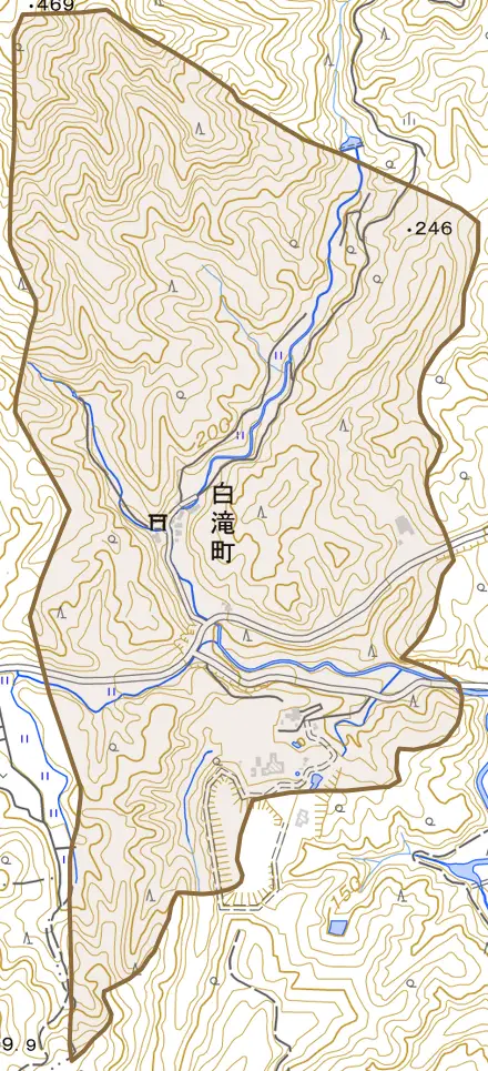 白滝町とその周辺の地図。町の範囲を重ねている