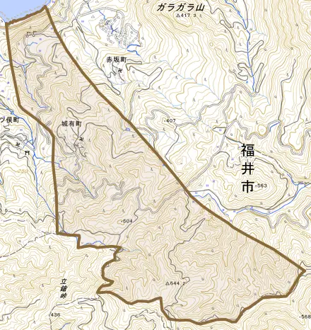 城有町とその周辺の地図。町の範囲を重ねている