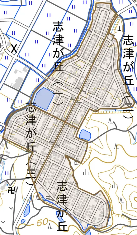 志津が丘とその周辺の地図。町の範囲を重ねている