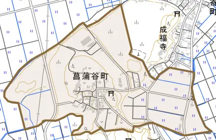 菖蒲谷町とその周辺の地図。町の範囲を重ねている