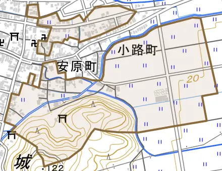小路町とその周辺の地図。町の範囲を重ねている