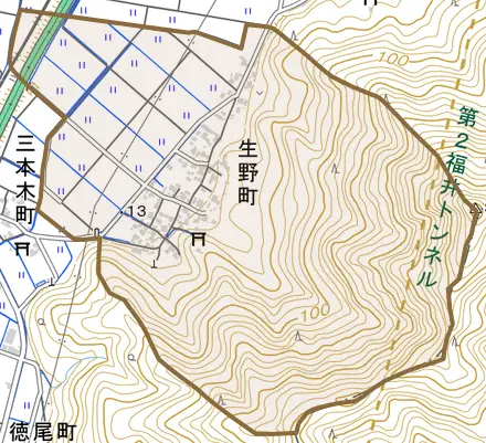 生野町とその周辺の地図。町の範囲を重ねている