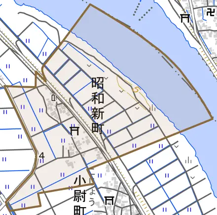昭和新町とその周辺の地図。町の範囲を重ねている