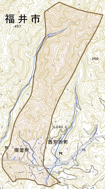宿堂町とその周辺の地図。町の範囲を重ねている
