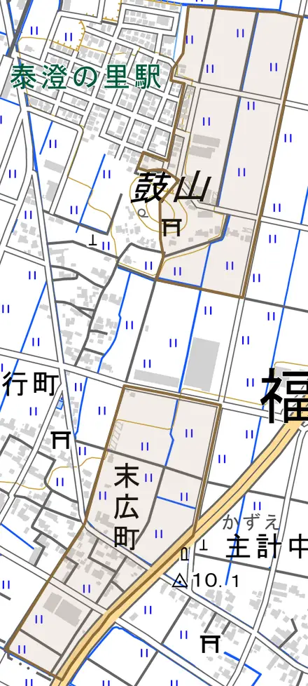 末広町とその周辺の地図。町の範囲を重ねている