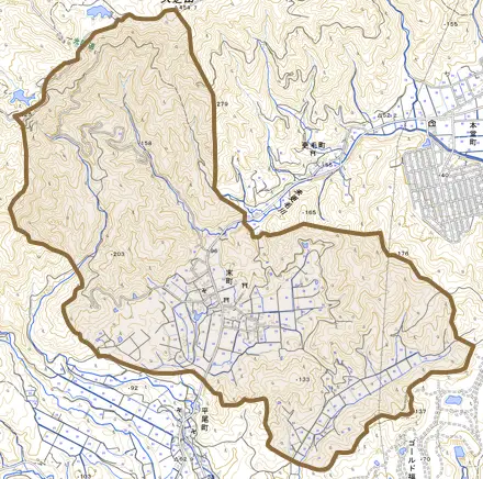 末町とその周辺の地図。町の範囲を重ねている