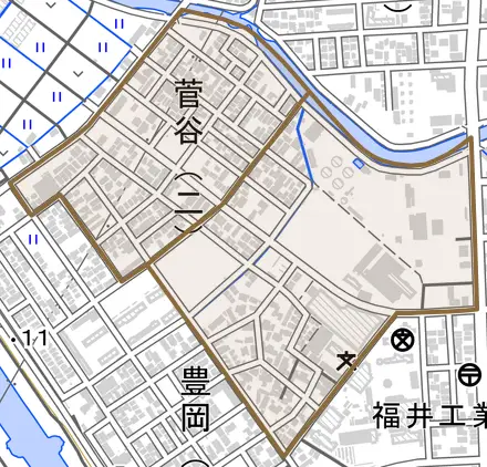 菅谷とその周辺の地図。町の範囲を重ねている