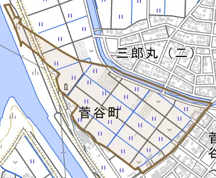 菅谷町とその周辺の地図。町の範囲を重ねている