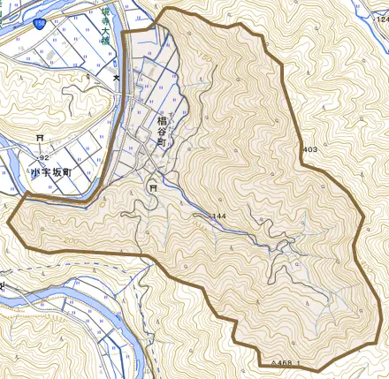 椙谷町とその周辺の地図。町の範囲を重ねている