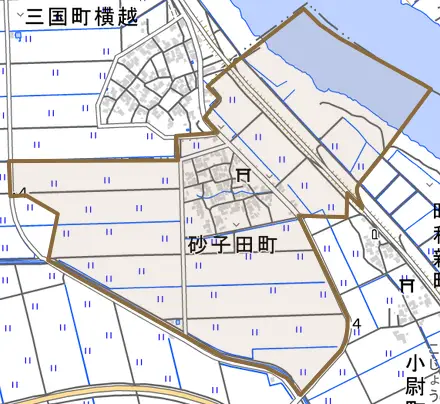 砂子田町とその周辺の地図。町の範囲を重ねている