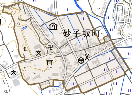 砂子坂町とその周辺の地図。町の範囲を重ねている