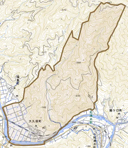 大久保町とその周辺の地図。町の範囲を重ねている
