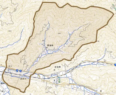野波町とその周辺の地図。町の範囲を重ねている