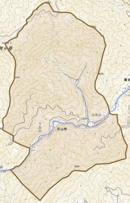 吉山町とその周辺の地図。町の範囲を重ねている