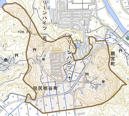 田尻栃谷町とその周辺の地図。町の範囲を重ねている