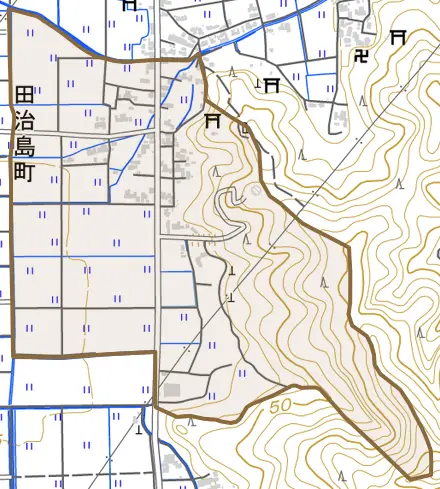 田治島町とその周辺の地図。町の範囲を重ねている